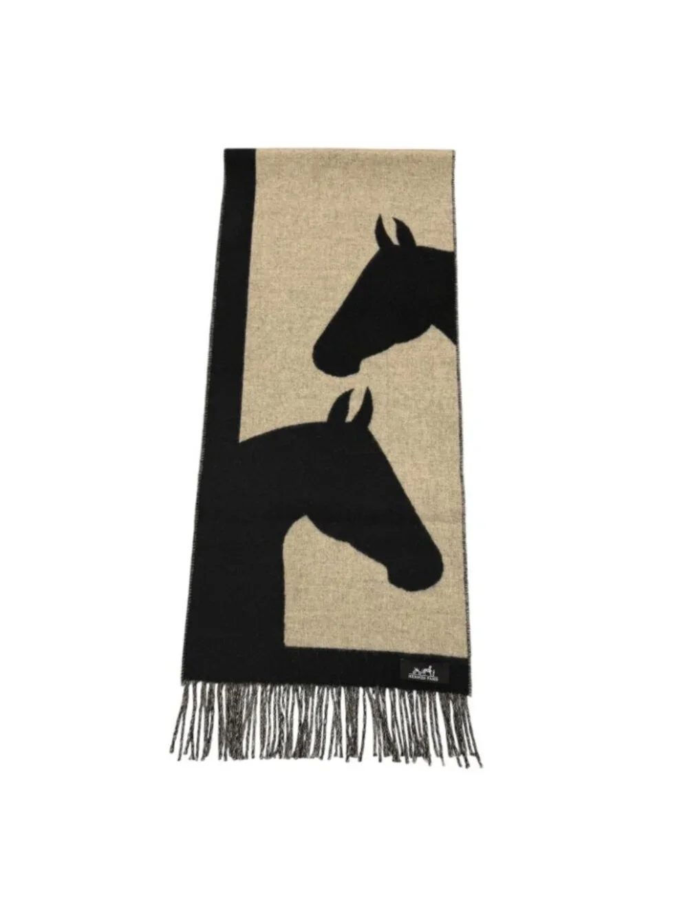 Hermes Love Story Scarf Cashmere with Fringe Horse Pattern Black Beige